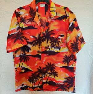 Jade Fashions Made in Hawaii Tropical Sunset & Palm Tree Short Sleeve Shirt Med